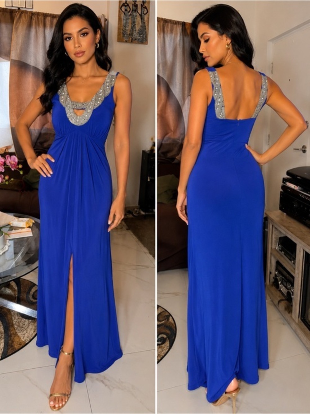 Robbie Bee Royal Blue Maxi Dress with Silver Beaded Neckline
